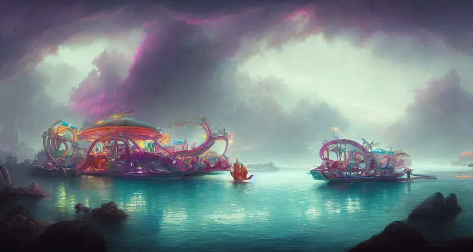 Image similar to an amusement park boat ride with pastel colors by peter mohrbacher, vivid colors, matte painting, 8K, concept art, mystical color scheme, trending on artstation