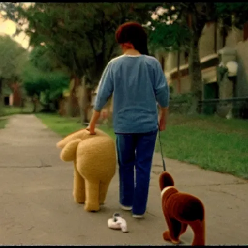 Image similar to taking a stuffed dog for a walk realistic 3 5 mm cinematic