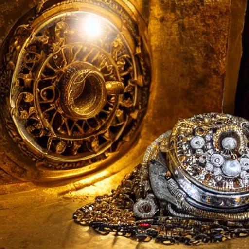 Prompt: ancient relic, made of gold and silver, with lots of jewels, laying on top of a pile of treasure, light shining down on the relic, viewed from a dark hallway