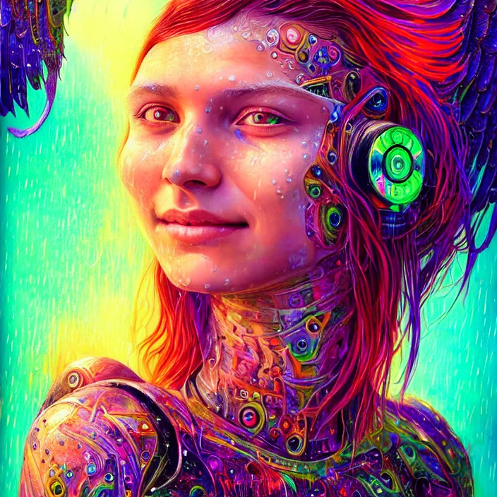 Image similar to bright psychedelic portrait of cyborg girl with rain on face and wet hair, wings, smiling, diffuse lighting, fantasy, intricate, elegant, highly detailed, lifelike, photorealistic, digital painting, artstation, illustration, concept art, smooth, sharp focus, art by John Collier and Albert Aublet and Krenz Cushart and Artem Demura and Alphonse Mucha