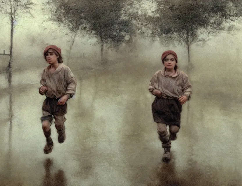 Prompt: peasant boy running under the rain, cottage core, cinematic focus, polaroid photo bleached vintage pastel colors high - key lighting, soft lights, foggy, by steve hanks, by lisa yuskavage, by serov valentin, by tarkovsky, 8 k render, detailed, oil on canvas