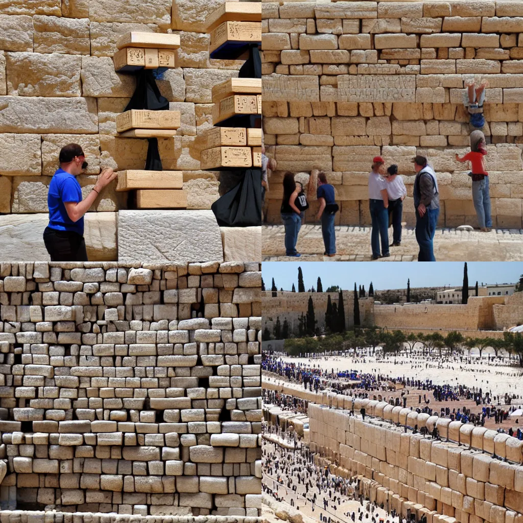 Prompt: The western wall, recreated with Jenga blocks