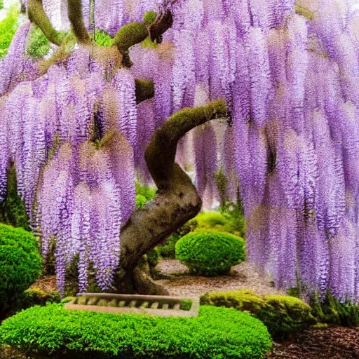 Image similar to a photo of a blooming wisteria bonsai tree, purple, cinematic, golden ratio, beautiful, 8k,