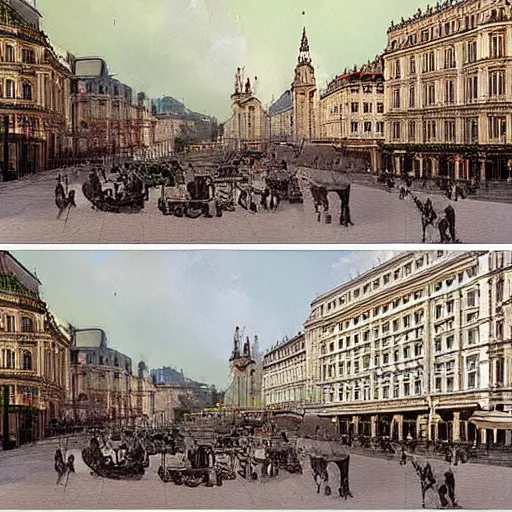 Prompt: 3D Rendering of Vienna Ringstrasse in the year 1900, realistic photo, in colour, street photography