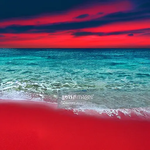 Image similar to mcdonalds on a red sand beach, green ocean, nebula sunset