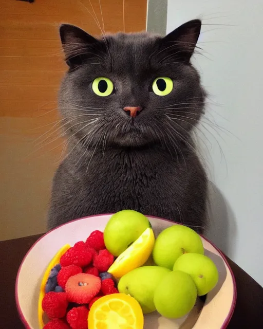 Image similar to a stunningly beautiful cat princess with googly eyes wearing fruit