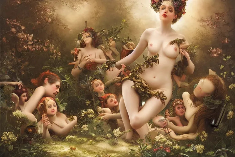 Prompt: the goddess of accordions surrounded by a court of nymphs, by tom bagshaw peter kemp