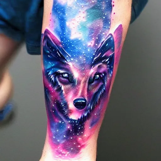 Image similar to A galaxy wolf shaped nebula watercolor tattoo, highly detailed,