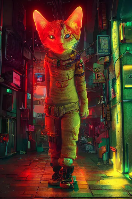 Image similar to cyberpunk ginger cat in the alley, neon lighting, rendered in unreal engine, trending on artstation