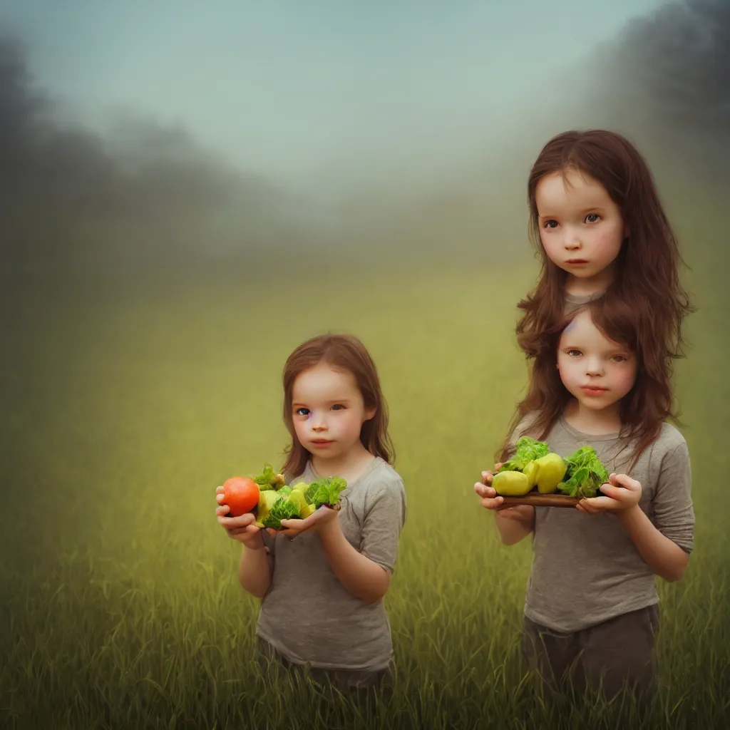 Image similar to Beautiful aesthetically pleasing single female child portrait, centered portrait, Confident holding vegetables, lush farm lands, fog, volumetric lighting beautiful, golden hour, sharp focus, ultra detailed, conceptartworld, comic art