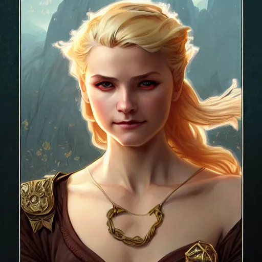 Image similar to an epic fantasy comic book style portrait painting of a young blonde girl thief, d & d, fantasy, joyful smirk, intricate, elegant, digital painting, face enhance, artstation, concept art, matte, sharp focus, illustration, art by artgerm and greg rutkowski and alphonse mucha