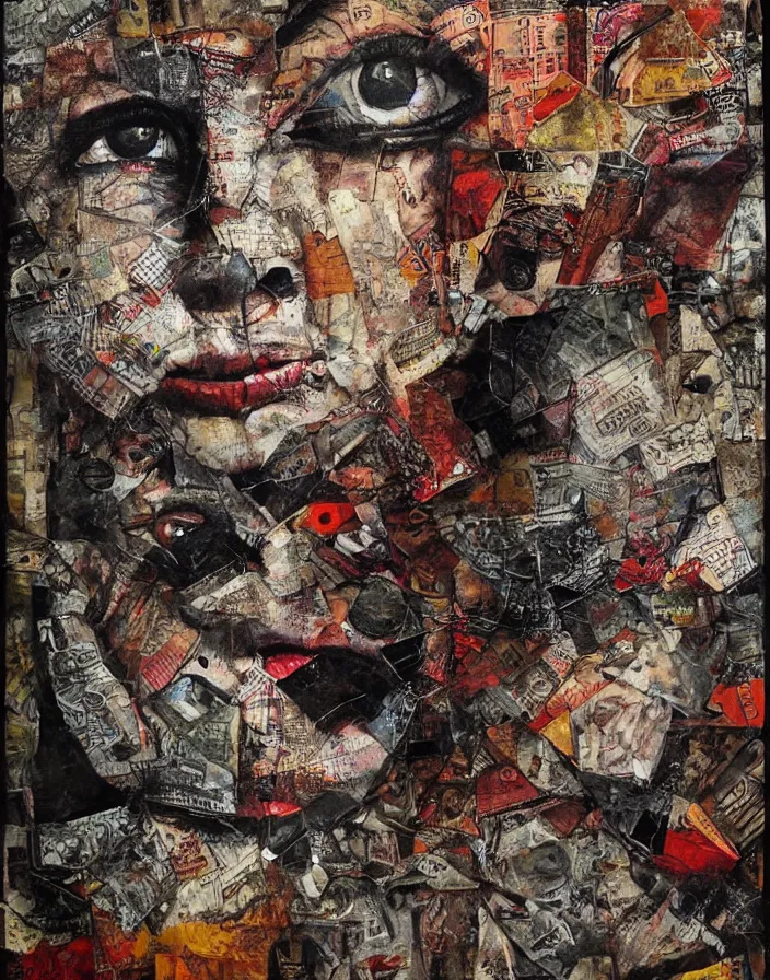 Image similar to distortion of reality detailed mixed media collage with canvas texture, conteporary art, punk art, realistic face, photorealistic, expressionism, masterpiece, perfect composition, spectacular quality, intricate oil details