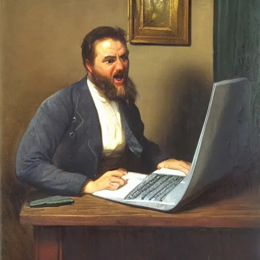 Image similar to an angry man yells at his computer monitor, oil on canvas, 1 8 8 3, highly detailed