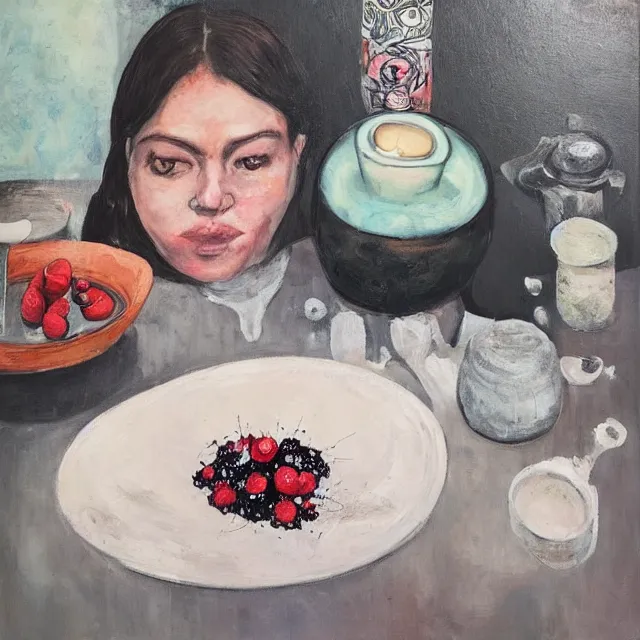 Image similar to “ a portrait in a female art student ’ s apartment, sensual, a pig theme, pork, pottery supplies, pottery work in progress, a candle dripping white wax, pottery glaze, squashed berries, berry juice drips, acrylic and spray paint and oilstick on canvas, surrealism, neoexpressionism ”