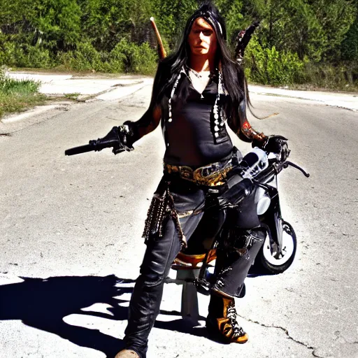 Prompt: sheya nox, female gangrel of the circle of the crone, native american biker chick