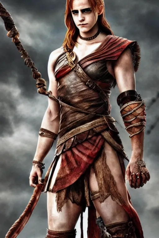 Image similar to Emma Watson as Kratos, brutal, detailed realistic, photorealistic, full body