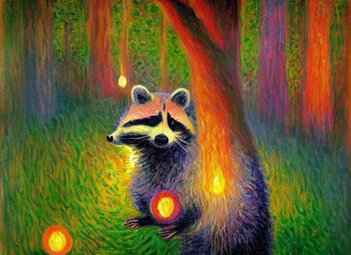 Image similar to painting of raccoon! with colorful paper lanterns in a forest at night, in the style of Claude Monet