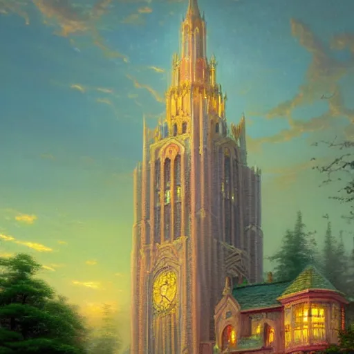 Prompt: The Lorde's tower a painting by Thomas Kinkade, rich pastel colors, realistic mega structure, 8k, ultra realistic, masterpiece, artstationhd, 4k post processing