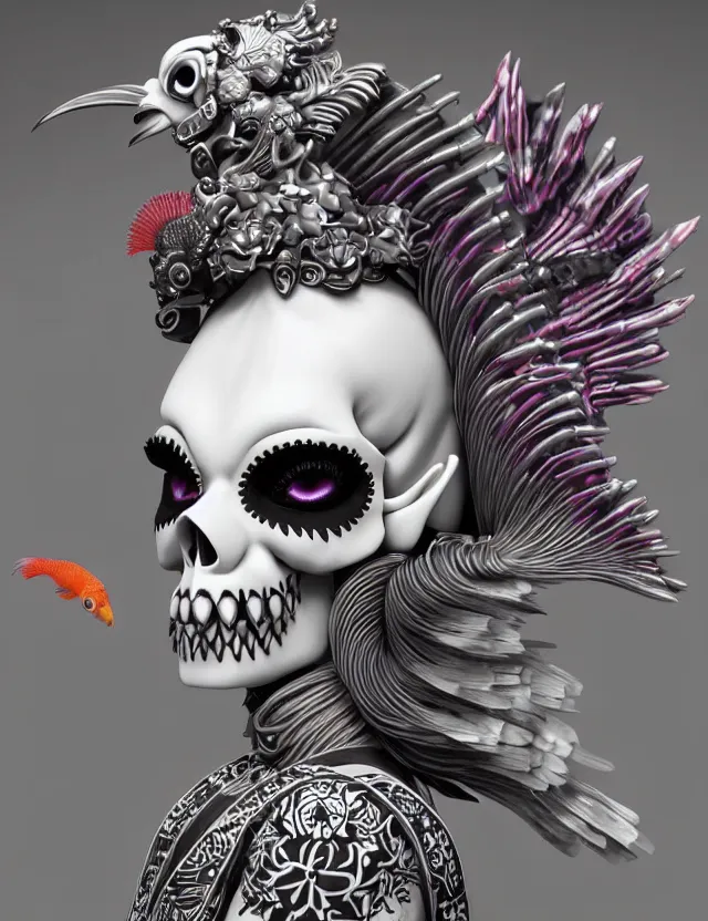 Image similar to 3 d goddess close - up profile simple portrait punk skull with mohawk with ram skull. beautiful intricately detailed japanese crow kitsune mask and clasical japanese kimono. betta fish, jellyfish phoenix, bio luminescent, plasma, ice, water, wind, creature, artwork by tooth wu and wlop and beeple and greg rutkowski