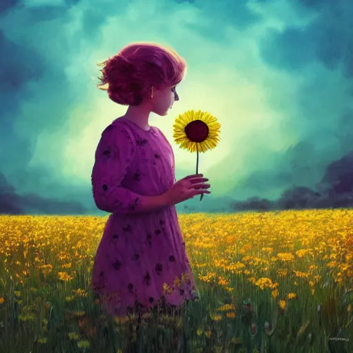 Prompt: daisy flower for a face, portrait of girl in flower field, holding daisy, surreal photography, sunrise, impressionist painting, colorful clouds, digital painting, artstation, simon stalenhag, flower face