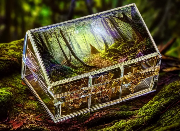 Image similar to photo of a crystal box with a magical kingdom inside, in the forest. Fantasy magic style. Highly detailed 8k. Intricate. Nikon d850 55mm. Award winning photography.