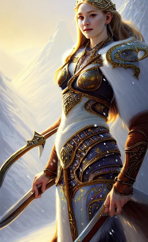 Image similar to opal viking warrior, regal, elegant, winter, snow, beautiful, stunning, hd, illustration, epic, d & d, fantasy, intricate, elegant, highly detailed, wide angle, digital painting, artstation, concept art, smooth, sharp focus, illustration, wallpaper, art by artgerm and greg rutkowski and alphonse mucha and jin xiaodi