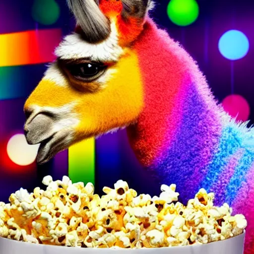 Image similar to photo of a rainbow llama eating popcorn and watching tv