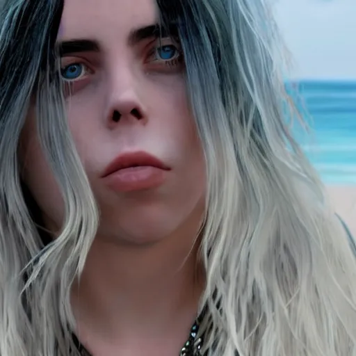 Image similar to billie eilish at the beach 4 k detailed super realistic