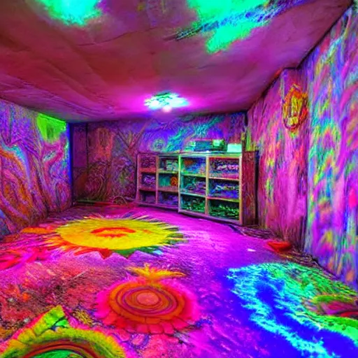 Image similar to psychadelic dmt large basement, perfect for smoking dmt, photograph 4k