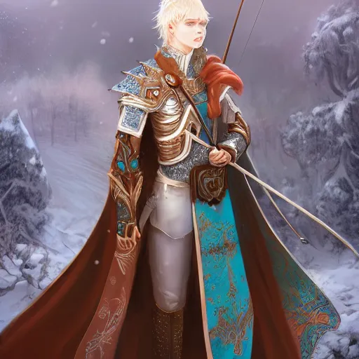 Image similar to half length portrait of a handsome male snow elf in a turquoise cape and silver ornate armour as an archer, albino skin, winter vibes, perfect face, elegant, very coherent symmetrical artwork, atmospheric lighting, rule of thirds, by wenjun lin, krenz cushart, charlie bowater, trending on artstation