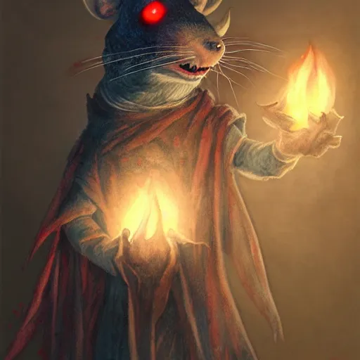 Image similar to painting of a ghostly rat with glowing red eyes, wearing tattered black burlap robes, floating in mist, clutching a blue flame in each hand, anthropomorphic rat, skaven, master splinter, nicodemus, photorealistic, artstation