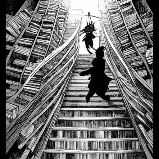 Image similar to a wizard running down a flight of stairs and dropping a bunch of books by Kim Jung gi