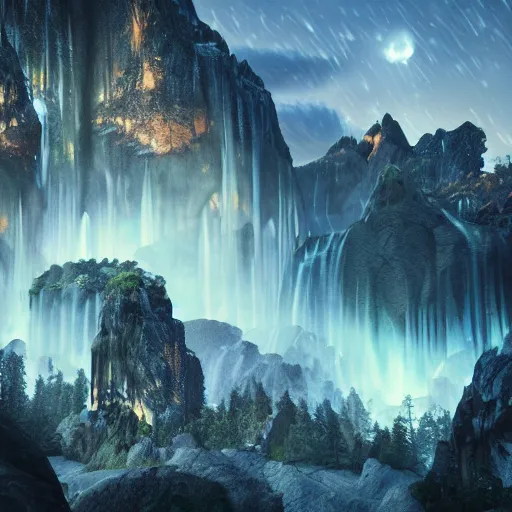 Prompt: mountainscape with multiple extremely huge waterfalls at night, fantasy art, hyperrealistic, octane render, trending on artstation, concept art, artstationHD, artstationHQ, unreal engine, 8k