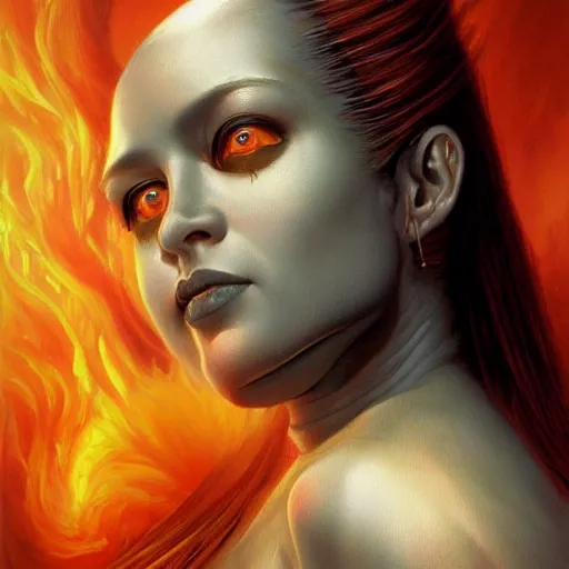 Image similar to A stunning portrait of a fire goddess by Jim Burns, fantasy, Trending on artstation.