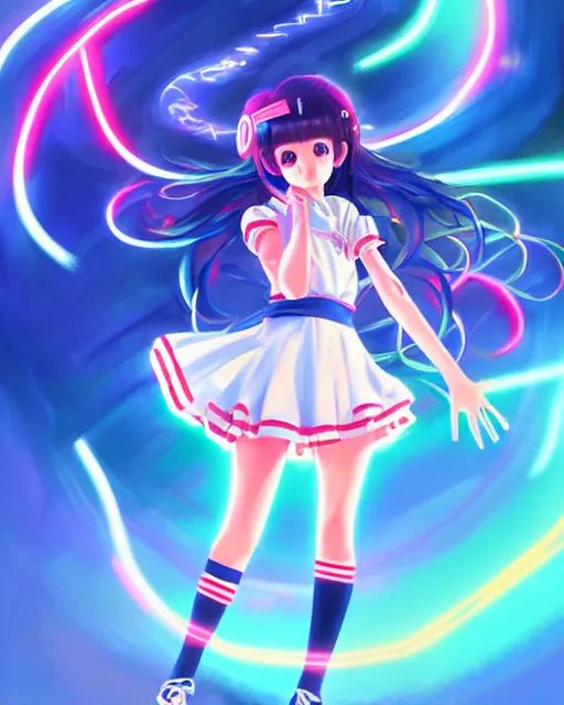 Image similar to anime style, vivid, expressive, full body, 4 k, painting, a cute magical girl with a long wavy hair wearing a sailor outfit, correct proportions, stunning, realistic light and shadow effects, neon lights, studio ghibly makoto shinkai yuji yamaguchi