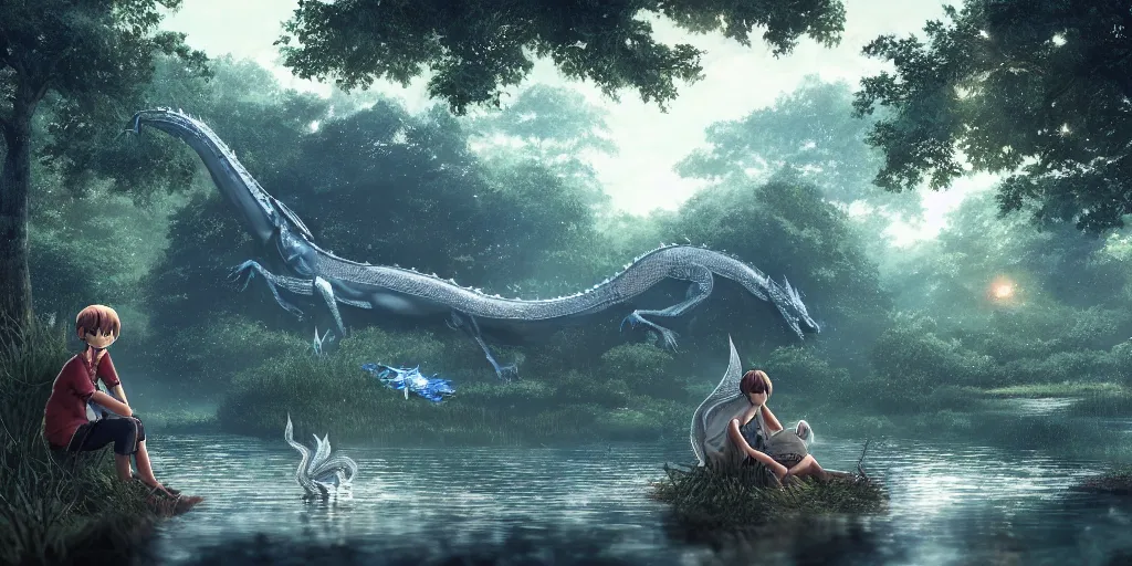 Image similar to a big silver dragon and a boy sitting next to lake in forest, many fireflys, at night, concept art, dof, cryengine, digital art, detailed background, makoto shinkai