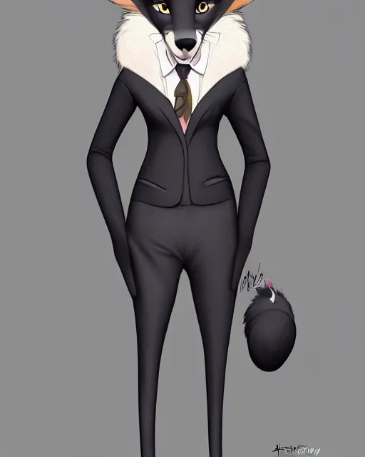 Image similar to digital painting full body of anthromorphic furry female wolf, in style of zootopia, female fursona, furry, furaffinity, 4 k, artstation furry, deviantart, furry art, fursona art, wearing black business suit, wearing black business suit, wolf fursona, female, very expressive detailed feminine face,