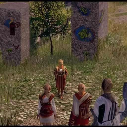 Image similar to a still from the movie midsommar, 2 0 0 0 vagrant story graphics ps 1 visual aesthetic