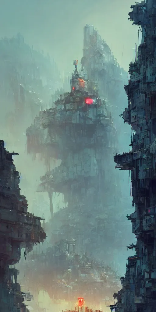 Image similar to concept art of a post - apocalyptic laboratory monastery at the top of a mountain, grimy, gritty, blade runner 2 0 4 9, trending on artstation, award winning painting, cgi, art by john berkey and anton fadeev and john howe and simon stalenhag