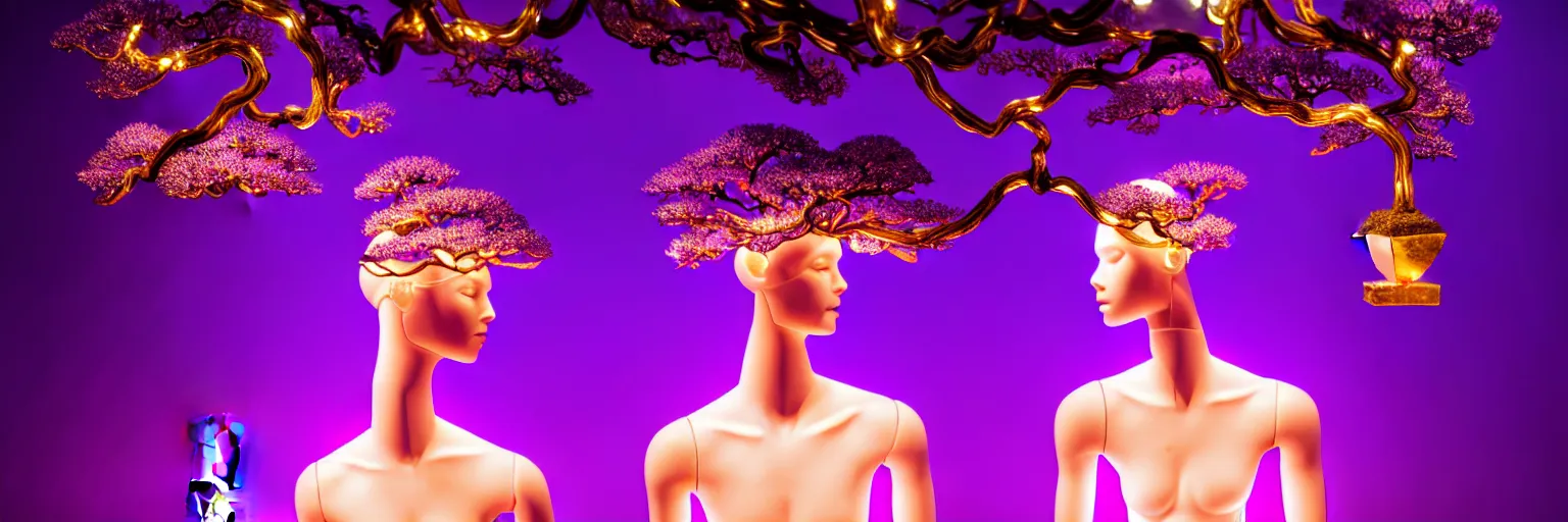 Image similar to beautiful mannequin sculpted out of amethyst by billelis + lit with geometric neon dripping gold + kintsugi, facing a doorway opening with neon pink geometric fractal light + flowering bonsai trees + lighting in background!!, transcendent, clean linework, dramatic, finely detailed, award winning, 4 k, trending on artstation, photorealistic, volumetric lighting, octane render