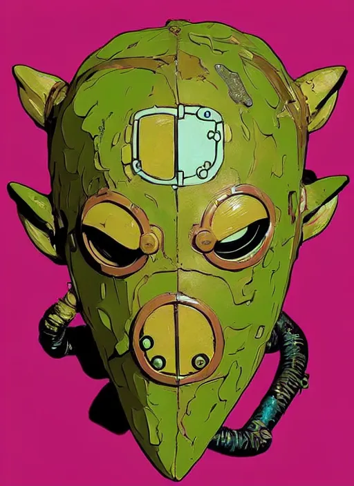 Image similar to biopunk goron mask link from zelda!! portrait illustration, pop art, splash painting, art by geof darrow, ashley wood, alphonse mucha, makoto shinkai