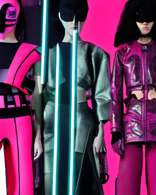 Prompt: an award winning fashion photograph leaked screenshot of Balenciaga's fashion week 2049 campaign by Demna Gvasalia, cyberpunk, futuristic, Bladerunner 2049, dazzle camouflage!, dayglo pink, dayglo blue, raven black