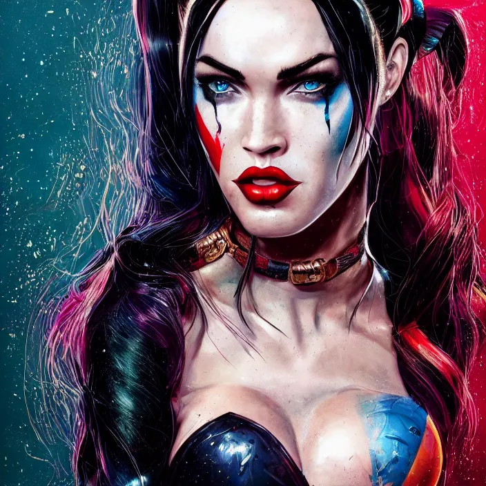 Prompt: portrait of megan fox as a harley quinn. intricate abstract. intricate artwork. by Tooth Wu, wlop, beeple, dan mumford. octane render, trending on artstation, greg rutkowski very coherent symmetrical artwork. cinematic, hyper realism, high detail, octane render, 8k, iridescent accents