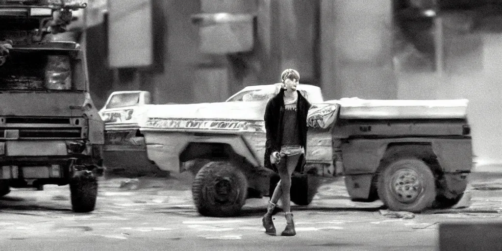 Prompt: at night, a white teenage girl with a pixie haircut in an oversized man's jacket clutches onto the back door of a giant truck as it drives towards the factory district : a still from a sci - fi dystopian cyberpunk film by steven spielberg from 1 9 8 0 s, shot on 3 5 mm film by janusz kaminski