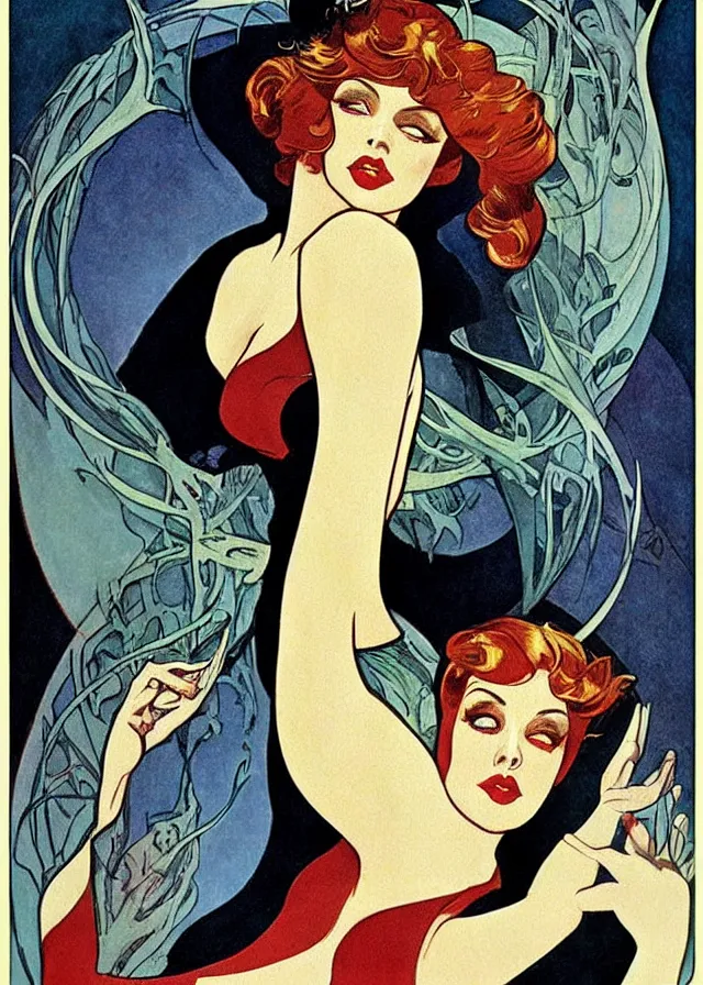 Image similar to vertigo, film noir, femme fatale, movie poster print, art nouveau, mucha