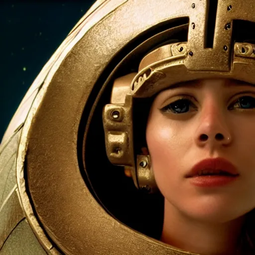 Prompt: beautiful Fine art photo of a young woman wearing a cyberpunk mayan helmet, photorealistic, high quality, sunset lighting, in the movie 2001 A SpaceOdyssey, 8k