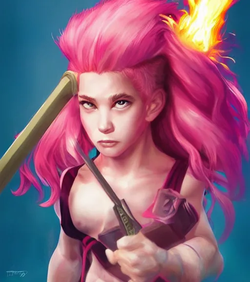 Image similar to ' tomba!'with pink hair, holding a hammer of fire by ross tran, artgerm and wlop