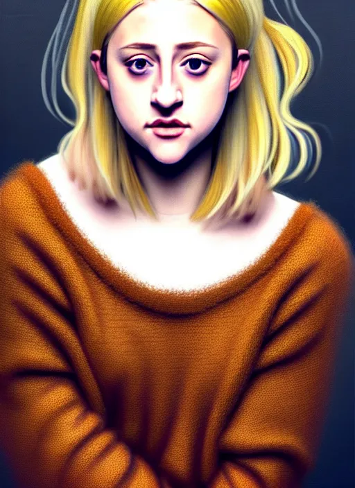 Image similar to full body portrait, teenage lili reinhart, blonde hair, obese, bangs, ponytail, sultry, realistic, sweater, fluffy bangs, fully clothed, curly bangs, fat, belly, intricate, elegant, highly detailed, digital painting, artstation, concept art, smooth, sharp focus, illustration, art by wlop, mars ravelo and greg rutkowski