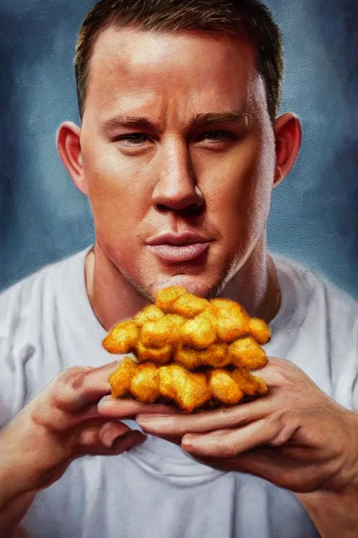 Image similar to channing tatum made out of a tater tot, oil on canvas, intricate, portrait, 8 k highly professionally detailed, hdr, cgsociety