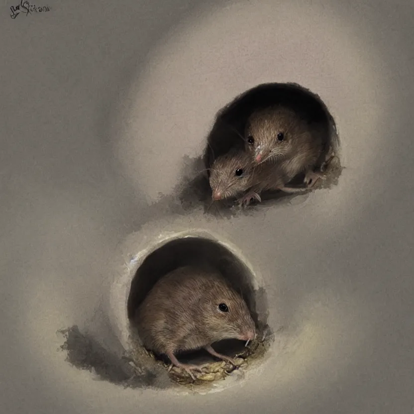 Prompt: a shrew in a little tunnel. pulp sci - fi art. soft lighting. muted colors. dark background